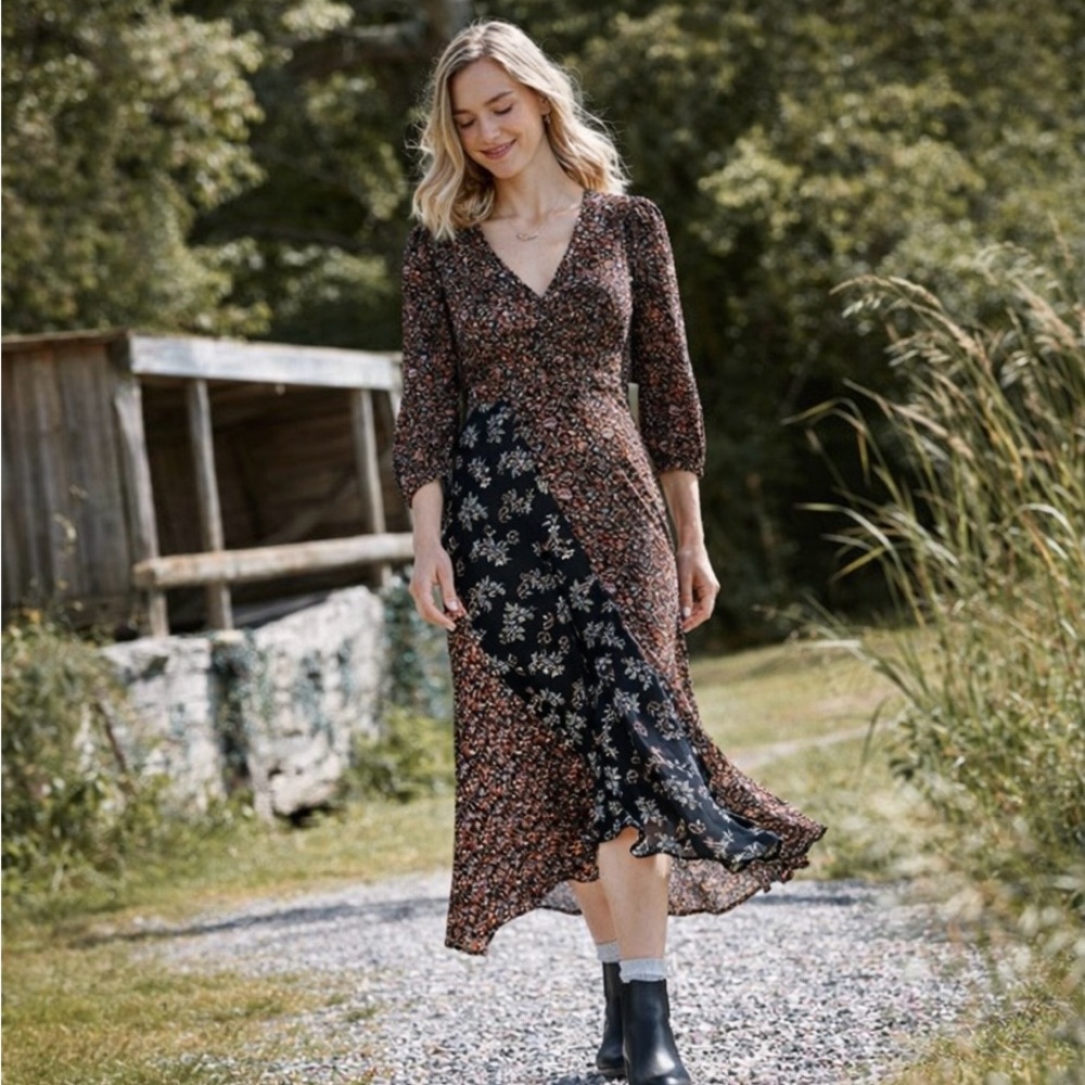 NWOT. FatFace Black Floral Patchwork Midi Dress Boho Prairie Cottagecore 8